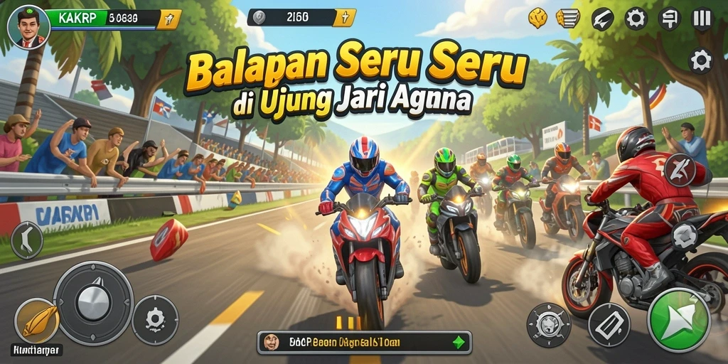 Tampilan gameplay KAKRP dengan aksi balapan yang mendebarkan dan mobil cepat.