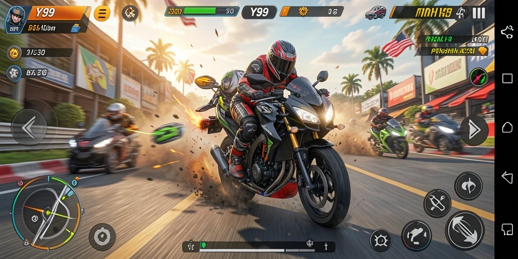 Gameplay Y89 menampilkan aksi balapan motor yang mendebarkan.